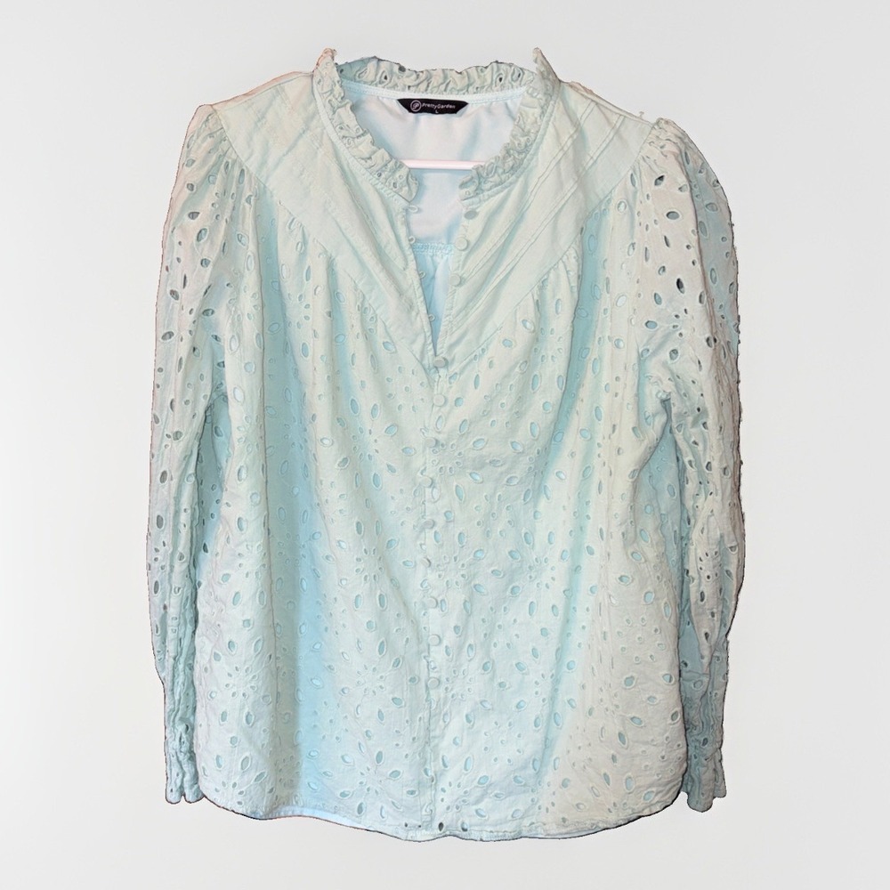 Pretty Garden Pastel Green Coquette Cottagecore Eyelet Boho Button Down Blouse L